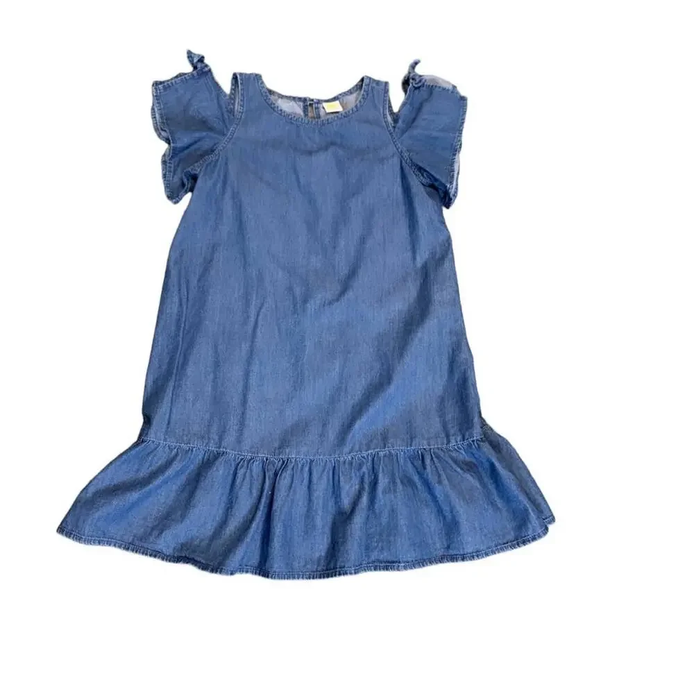 Crazy 8 Girls Chambray Denim Ruffled Aline Dress Cold Shoulder SZ 10 Cotton Blue